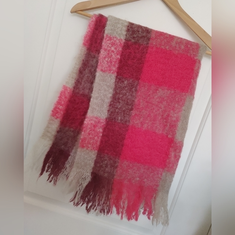 American Eagle Bright Pink Plaid Wool Mohair Blend Large Scarf